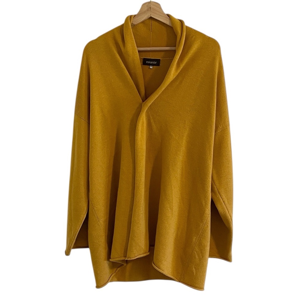 Eskandar Merino Wool Cape Cardigan Women’s One Size Mustard Yellow Lagenlook - Picture 2 of 11